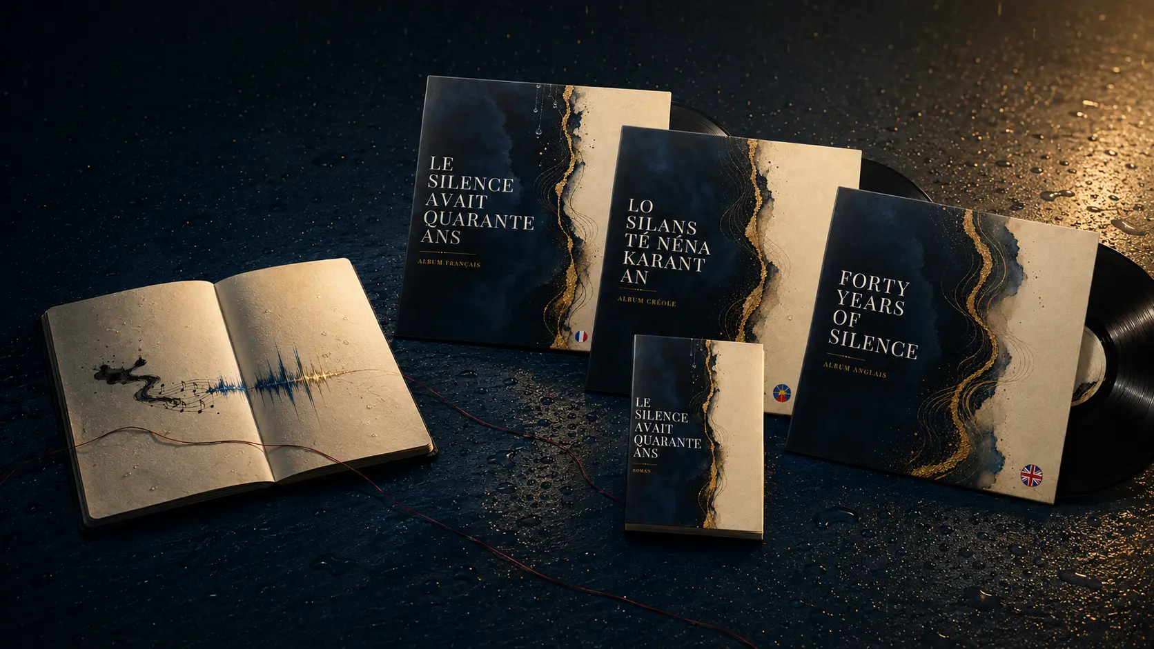 Le cahier, le roman et les trois vinyles du projet Le silence avait quarante ans